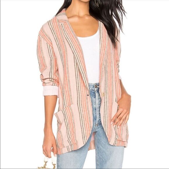FREE PEOPLE | Simply Stripe Slouchy Boyfriend Style Blazer Linen Oversized Small - Picture 1 of 13